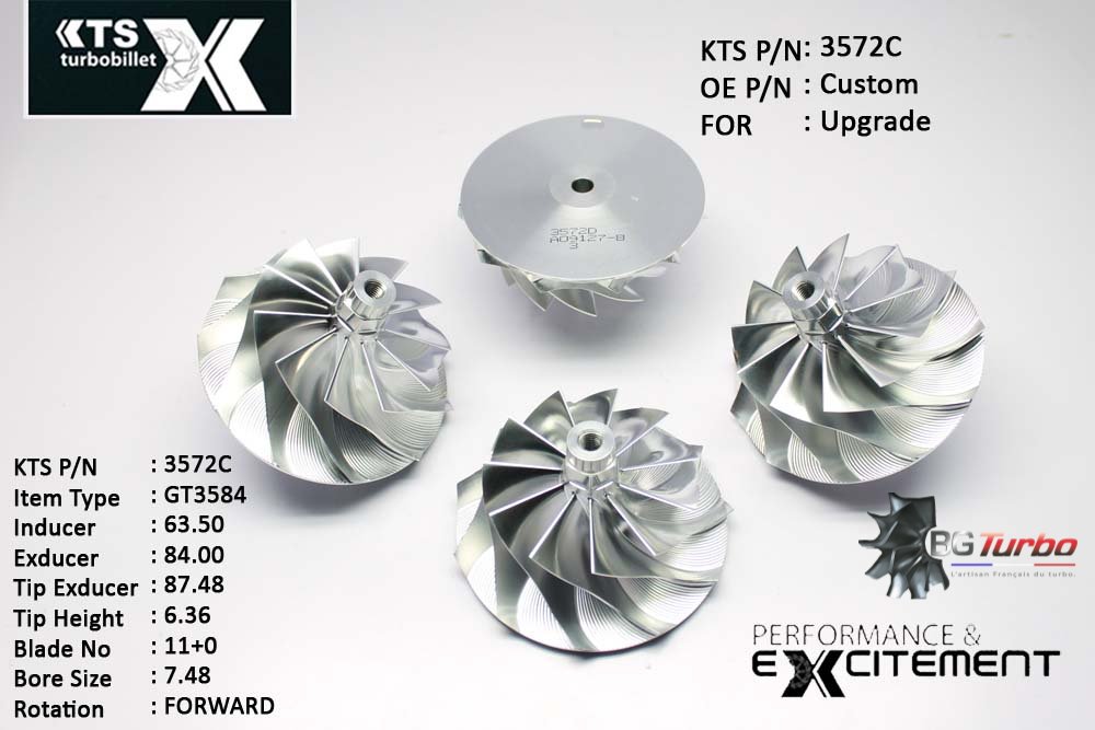 Turbo ROUE FORGÉE MFS PERFORMANCE - 11+0 PALES - INDUCER : 63,5 - EXDUCER : 84 - TYPE : GT3584ANGLE : 45° - ROTATION : Forward - SUPER BACK : 2,3497 - BORE SIZE : 7,48
